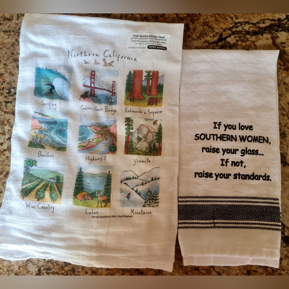 Northern California Flour Sack Kitchen Towel & Southern Women Dish Towel EUC